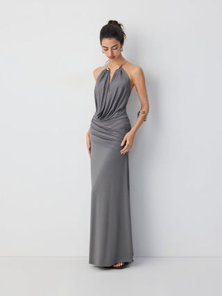 Halter Neckline Ruched Metal Detail Draped Maxi Bardot Dress