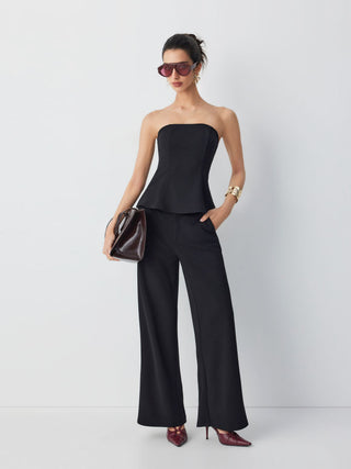 Peplum Bandeau Top & Mid Rise Straight Leg Trousers Set
