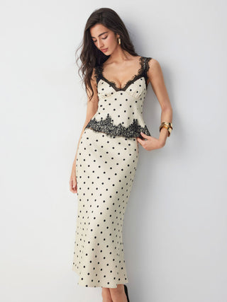 Satin Polka Dot Lace Top & Mid Rise Mermaid Maxi Skirt Set