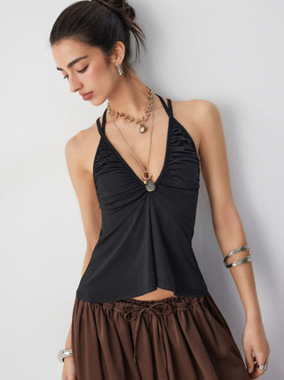 Textured V-neck Ruched Halter Twist Knotted Cami Top