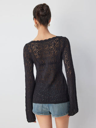 Knit Fabric Scoop Neck Hollow out Slim Top