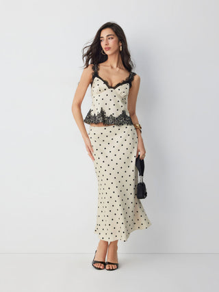 Satin Polka Dot Lace Top & Mid Rise Mermaid Maxi Skirt Set