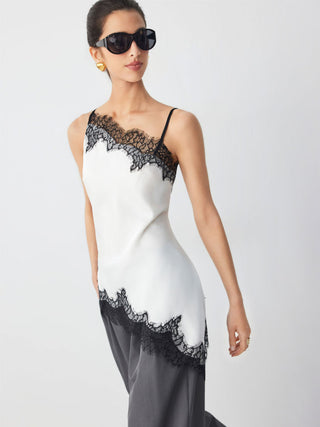 Satin Asymmetrical Neck Contrasting Lace Trim Asymmetrical Hem Cami Blouse