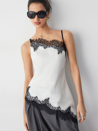Satin Asymmetrical Neck Contrasting Lace Trim Asymmetrical Hem Cami Blouse