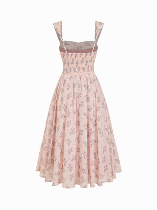 Cotton-blend Floral Square Neck Lace Trim Corset A-line Midi Dress