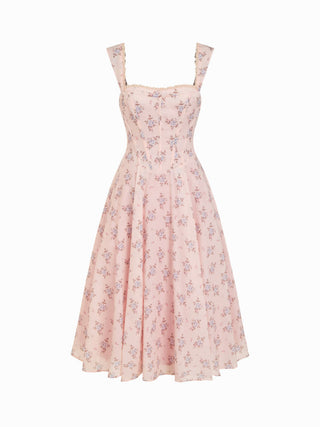 Cotton-blend Floral Square Neck Lace Trim Corset A-line Midi Dress