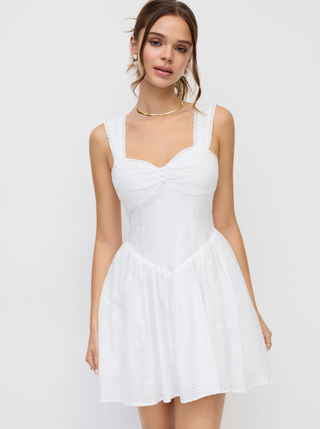 Cotton Broderie Anglaise Sweetheart Ruched Flared Mini Dress