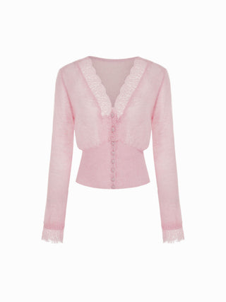 Knit Wool-blend  V-neck Lace trim Cardigan