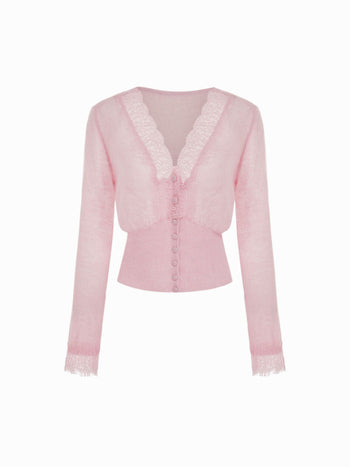 Knit Wool-blend  V-neck Lace trim Cardigan