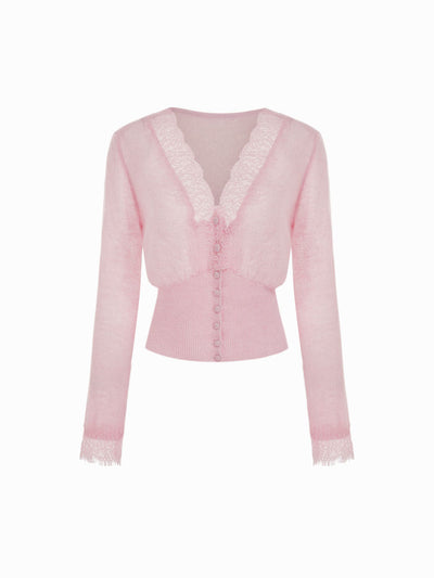 Knit Wool-blend  V-neck Lace trim Cardigan