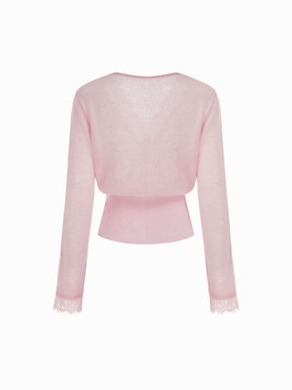 Knit Wool-blend  V-neck Lace trim Cardigan