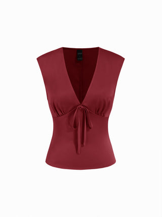Satin V-Neck Ruched Bowknot Tank Blouse