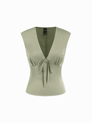Satin V-Neck Ruched Bowknot Tank Blouse