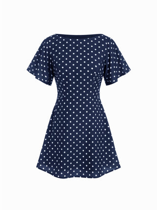 Polka Dot Boat Neck Ruffle Sleeve Knotted A-line Mini Dress