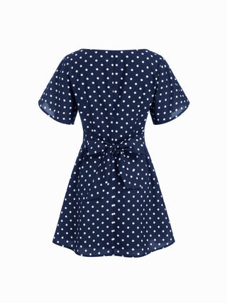 Polka Dot Boat Neck Ruffle Sleeve Knotted A-line Mini Dress