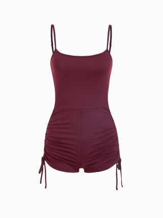Textured Boat Neck High Rise Drawstring Slim Romper With Scarf