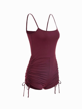 Textured Boat Neck High Rise Drawstring Slim Romper With Scarf