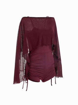 Textured Boat Neck High Rise Drawstring Slim Romper With Scarf