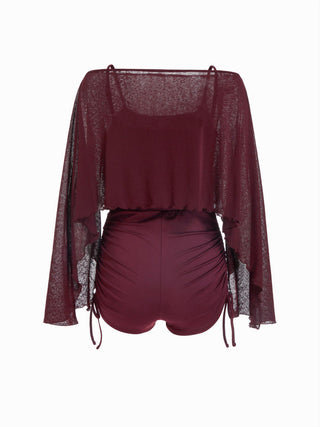 Textured Boat Neck High Rise Drawstring Slim Romper With Scarf
