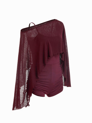 Textured Boat Neck High Rise Drawstring Slim Romper With Scarf