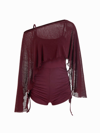 Textured Boat Neck High Rise Drawstring Slim Romper With Scarf