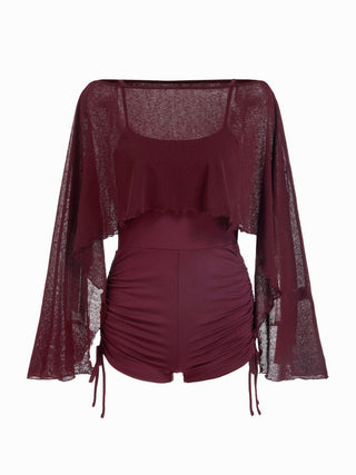 Textured Boat Neck High Rise Drawstring Slim Romper With Scarf