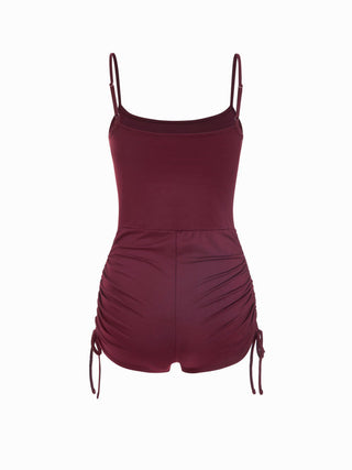 Textured Boat Neck High Rise Drawstring Slim Romper With Scarf