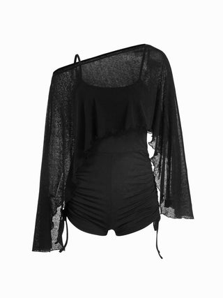 Textured Boat Neck High Rise Drawstring Slim Romper With Scarf
