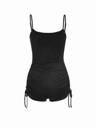Textured Boat Neck High Rise Drawstring Slim Romper With Scarf