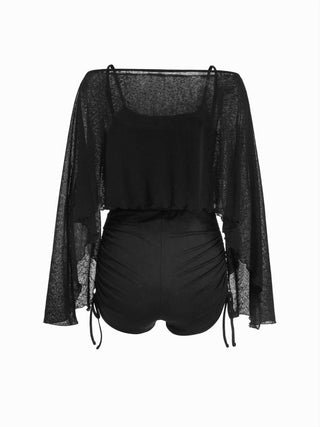 Textured Boat Neck High Rise Drawstring Slim Romper With Scarf