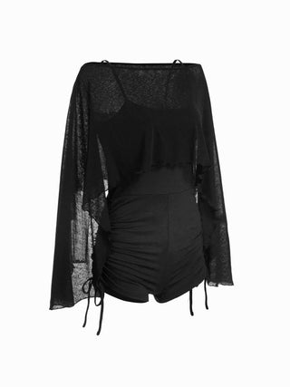 Textured Boat Neck High Rise Drawstring Slim Romper With Scarf