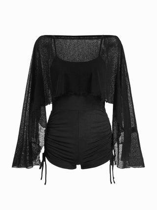 Textured Boat Neck High Rise Drawstring Slim Romper With Scarf