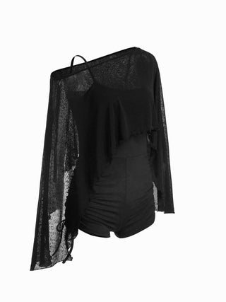 Textured Boat Neck High Rise Drawstring Slim Romper With Scarf