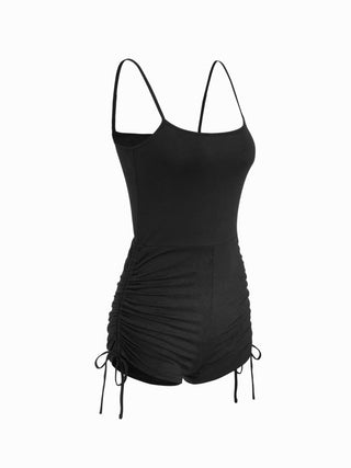 Textured Boat Neck High Rise Drawstring Slim Romper With Scarf