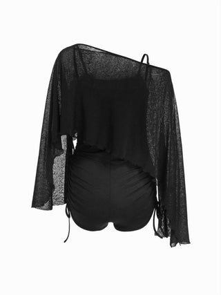 Textured Boat Neck High Rise Drawstring Slim Romper With Scarf