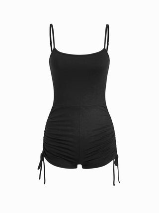 Textured Boat Neck High Rise Drawstring Slim Romper With Scarf