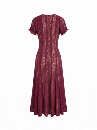 Lace V-neck Ruffle Sleeve Ruched Flared Maxi Dress