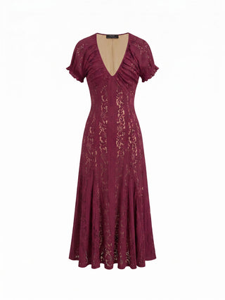 Lace V-neck Ruffle Sleeve Ruched Flared Maxi Dress