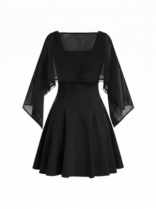 Chiffon Lace Trim Cape & Square Neck Flared Mini Dress Set