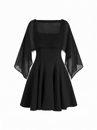 Chiffon Lace Trim Cape & Square Neck Flared Mini Dress Set
