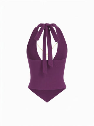 High Stretch Halter Neckline Chain Detail Asymmetrical Hem Crop Top