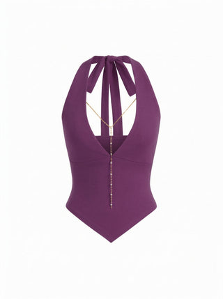 High Stretch Halter Neckline Chain Detail Asymmetrical Hem Crop Top