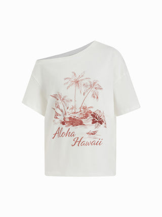 Cotton Asymmetrical Neck Short Sleeve Nature Graphic Tee
