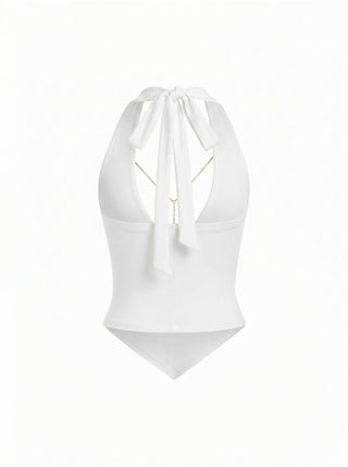 High Stretch Halter Neckline Chain Detail Asymmetrical Hem Crop Top