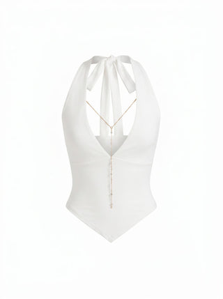 High Stretch Halter Neckline Chain Detail Asymmetrical Hem Crop Top