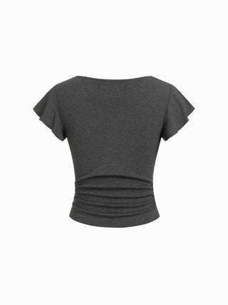 V-neck Contrast Lace Trim Ruched Short Sleeve Top