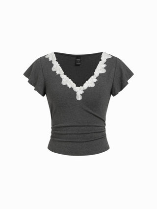 V-neck Contrast Lace Trim Ruched Short Sleeve Top