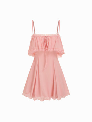 Chiffon Lace Trim Tie Front  Ruffle Hem Mini Dress