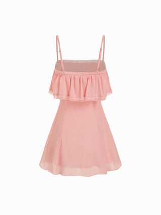 Chiffon Lace Trim Tie Front  Ruffle Hem Mini Dress
