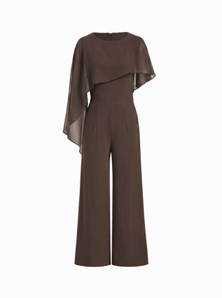 Asymmetrical Cloak Sleeve Mid Rise Wide Leg Jumpsuit With Cape